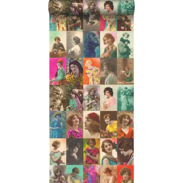 tapet XXL vintage vykort kvinnoansikten flerfärgat från ESTA home