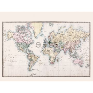 fototapet vintage världskarta beige, pastellgult, puderrosa och grönt från ESTA home