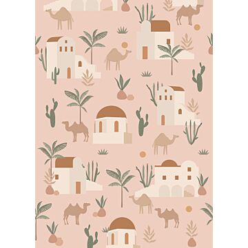 fototapet kameler och kaktusar milt rosa, terrakottaröd och grönt av ESTAhome