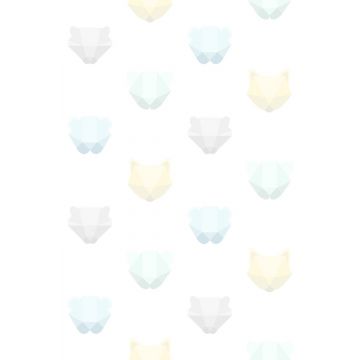 fototapet djurhuvuden av origami mintgrönt, pastellblått, pastellgult, varm ljusgrått och matt vitt av Origin Wallcoverings