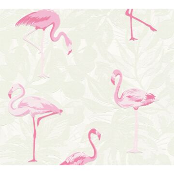 tapet tropiska blad med flamingos sandfärgat och rosa av A.S. Création