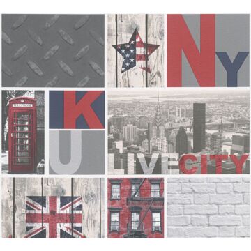 tapet New York grått, rött och blått av A.S. Création